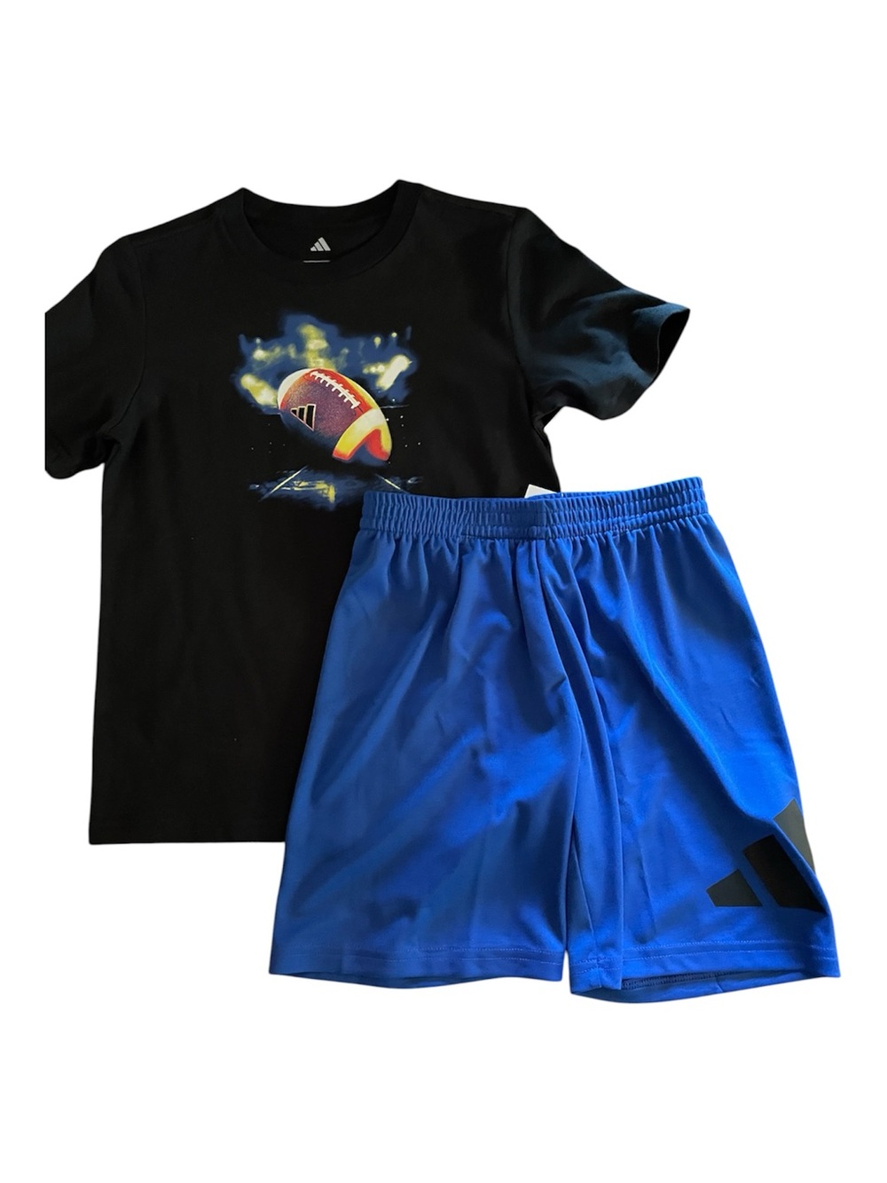 adidas Black Graphic Football Tee with Royal Blue Shorts